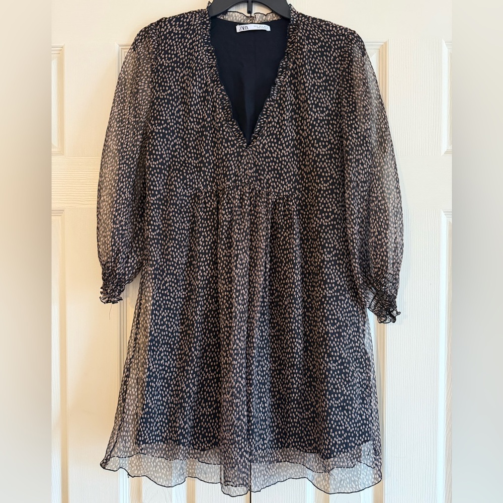 Zara Black and Brown Printed Chiffon Mini Dress